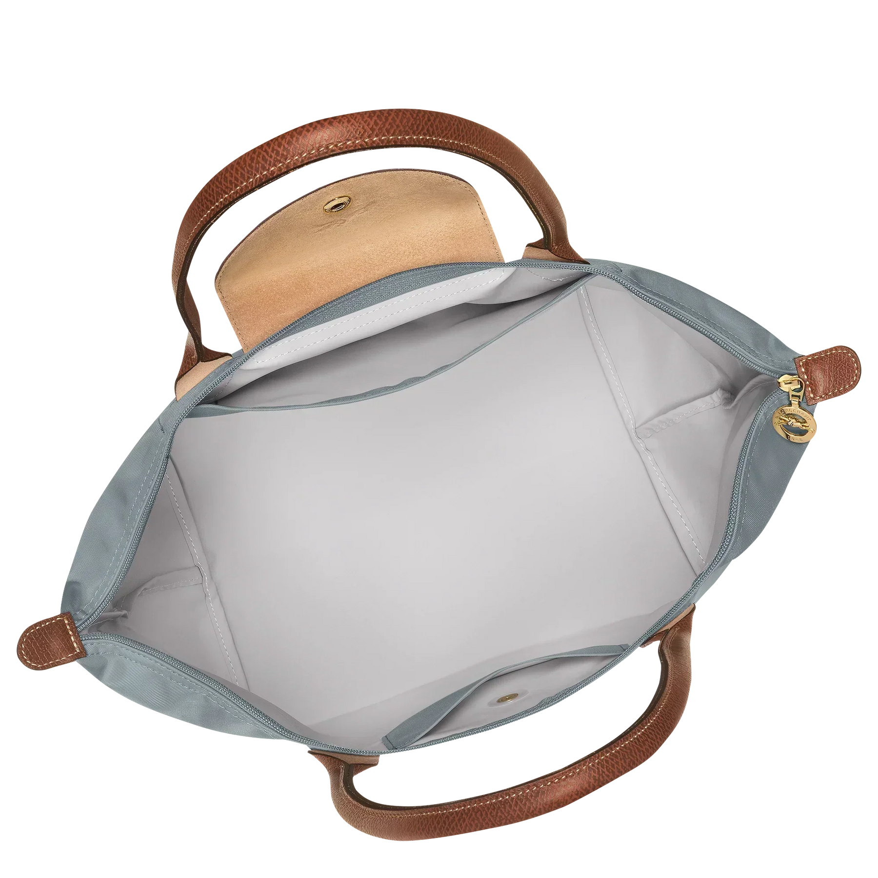 Cabas pliable en nylon à détails cuir Grand Sac Gris Acier, détail des anses – Valloro Paris