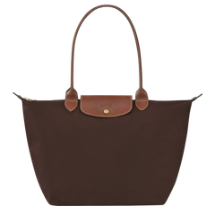 Cabas pliable en nylon à détails cuir Grand Sac Ébène, vue de face – Valloro Paris