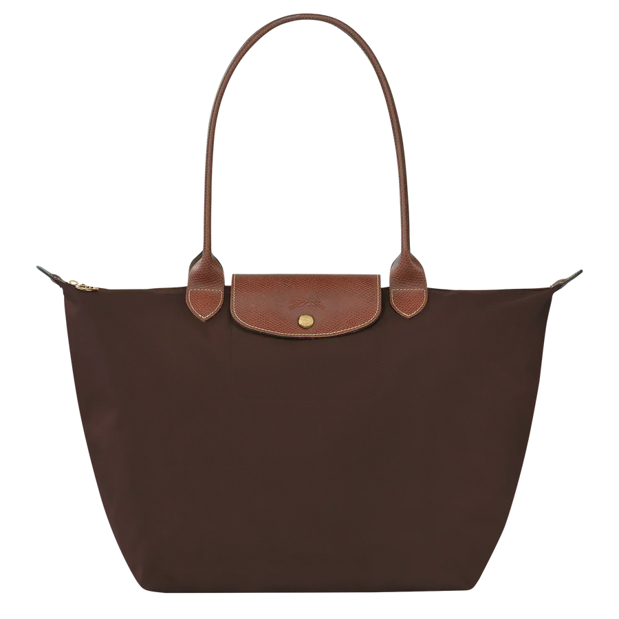 Cabas pliable en nylon à détails cuir Grand Sac Ébène, vue de face – Valloro Paris