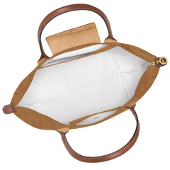 Cabas pliable en nylon à détails cuir Grand Sac Fauve, détail des anses – Valloro Paris