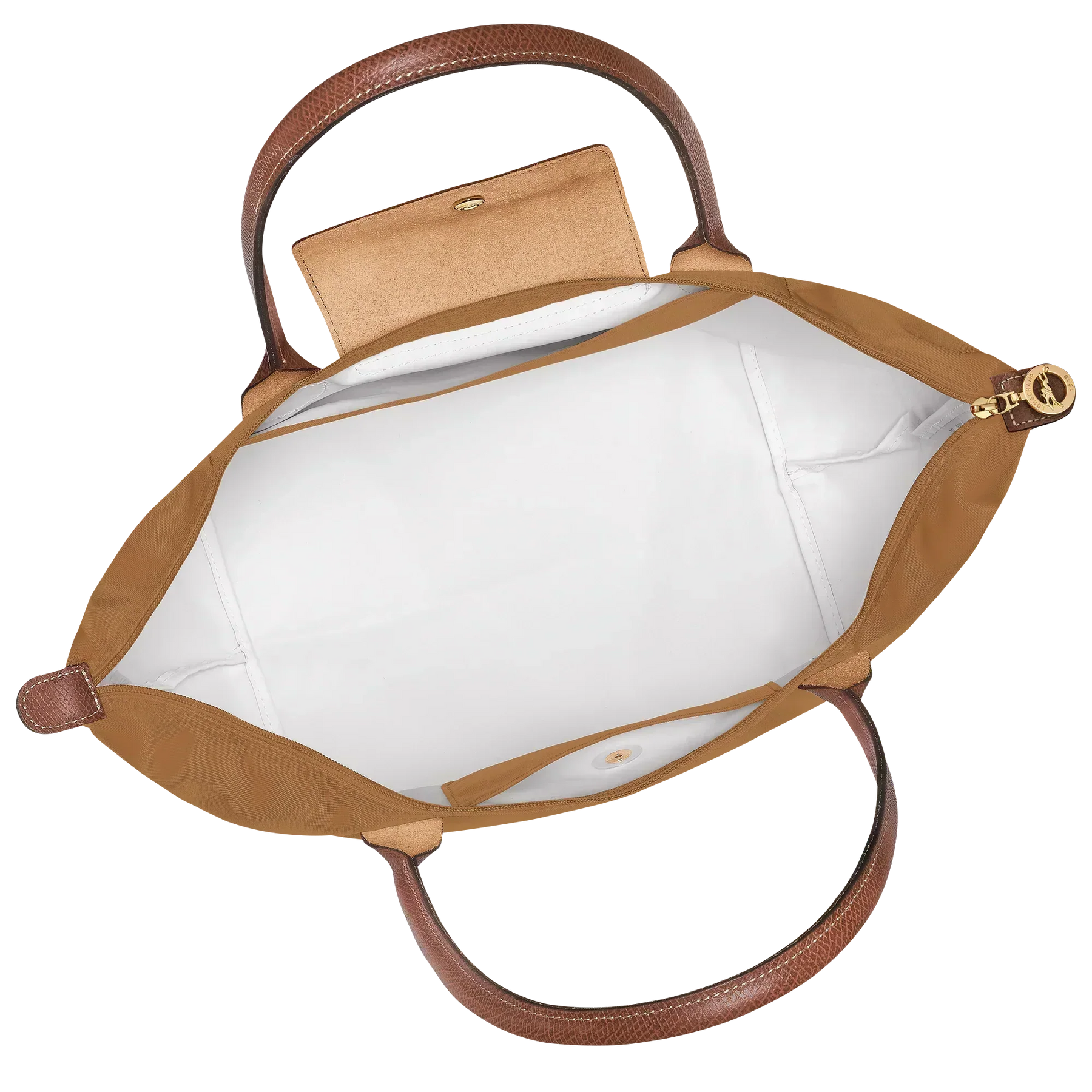 Cabas pliable en nylon à détails cuir Grand Sac Fauve, détail des anses – Valloro Paris