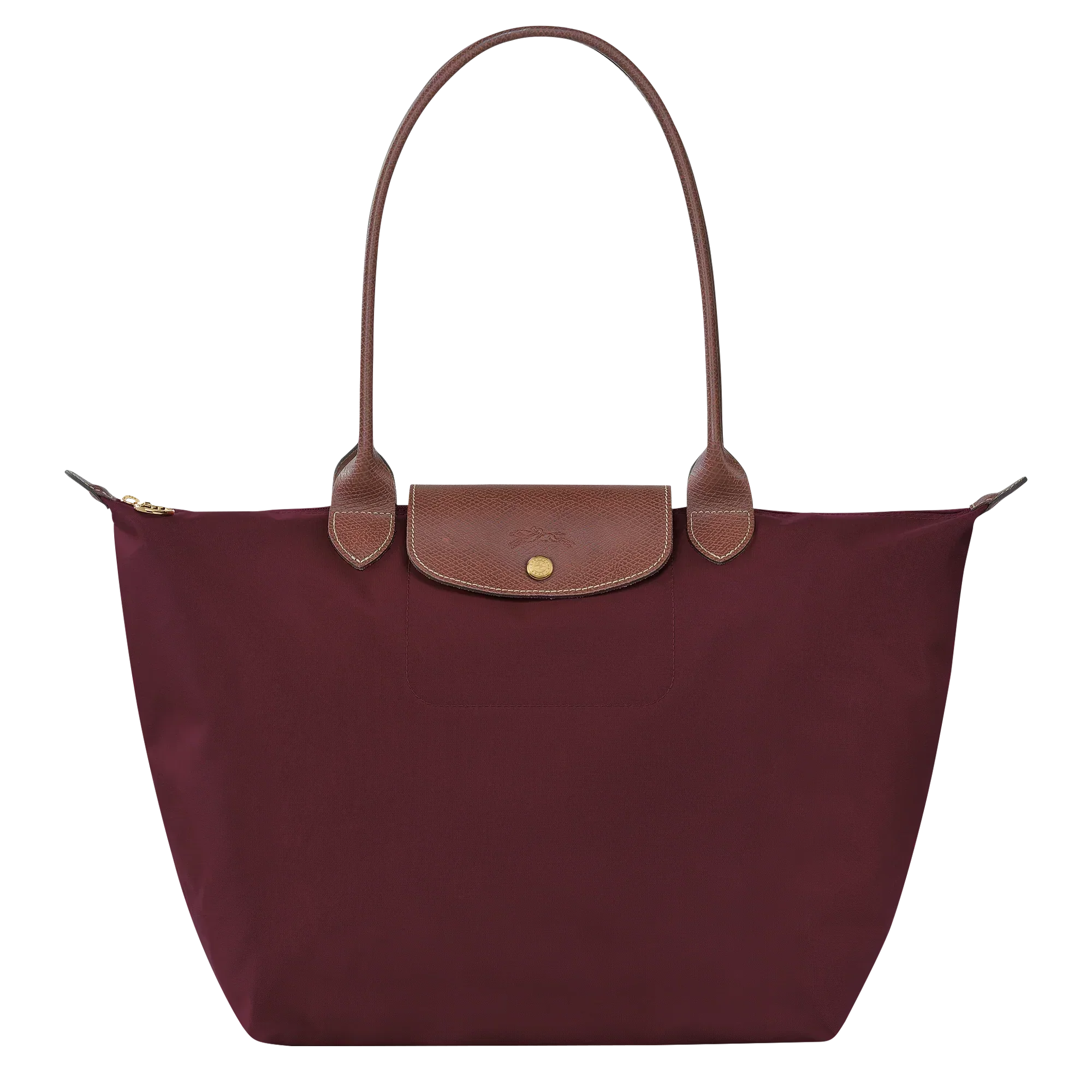 Cabas pliable en nylon à détails cuir Grand Sac Bordeaux, vue de face – Valloro Paris