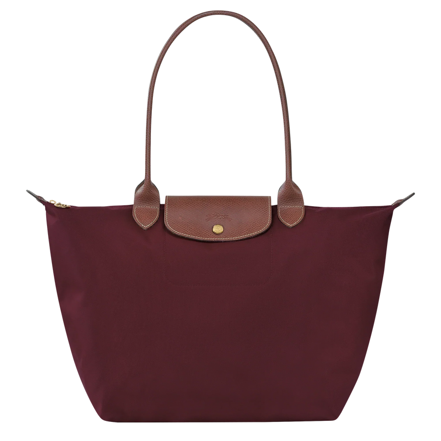 Cabas pliable en nylon à détails cuir Grand Sac Bordeaux, vue de face – Valloro Paris