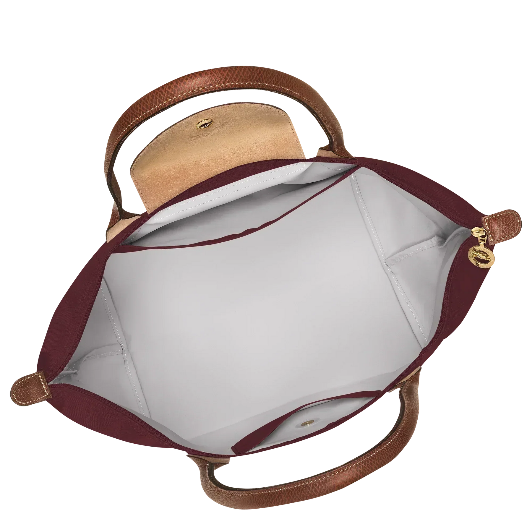 Cabas pliable en nylon à détails cuir Grand Sac Bordeaux, détail des anses – Valloro Paris