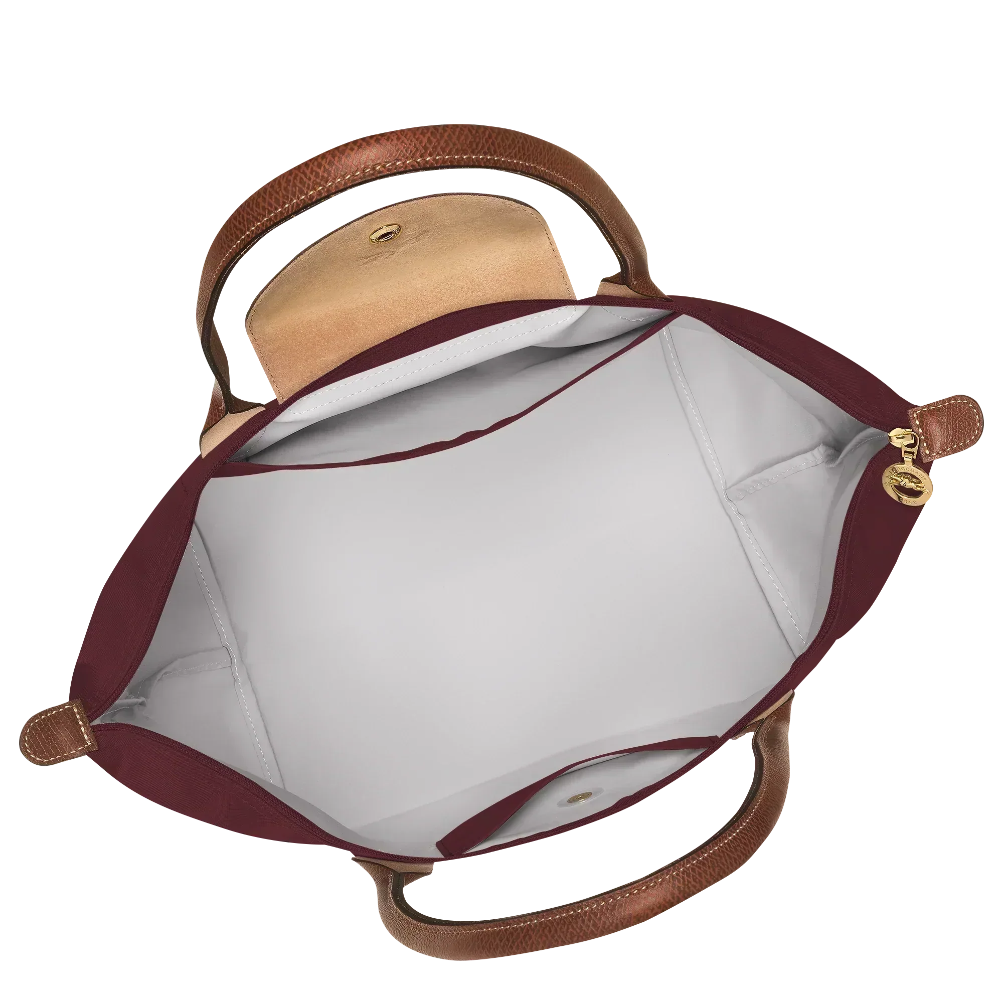 Cabas pliable en nylon à détails cuir Grand Sac Bordeaux, détail des anses – Valloro Paris