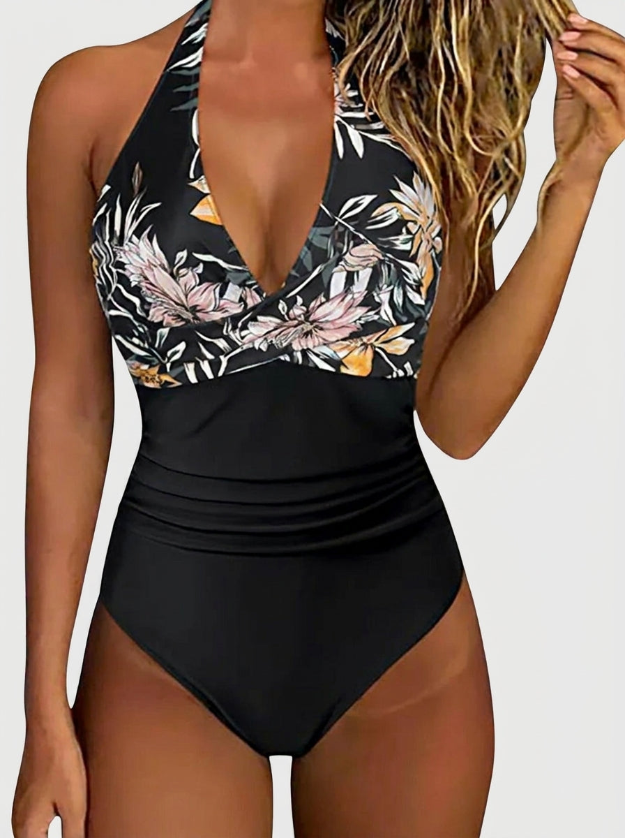 Maillot de bain élégant pour femme à col en V Florencia, détail du tissu – Valloro Paris