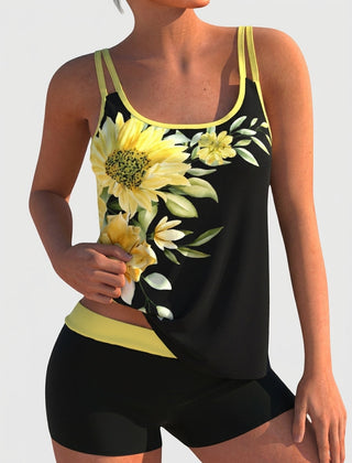 Maillot de bain fleuri avec short et effet ventre plat Flor, portée à la plage – Valloro Paris
