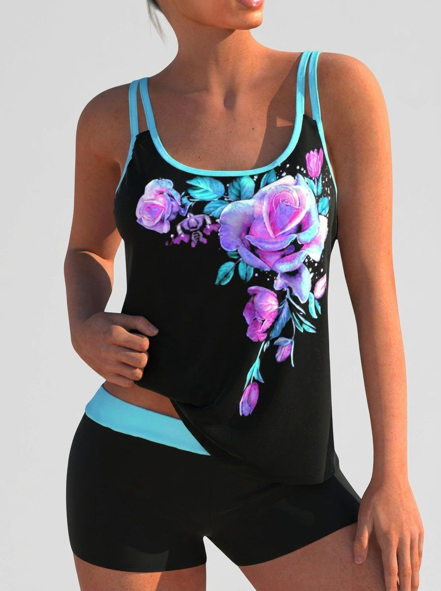 Maillot de bain fleuri avec short et effet ventre plat Flor, vue de face – Valloro Paris