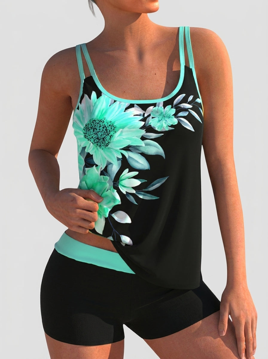 Maillot de bain fleuri avec short et effet ventre plat Flor, vue de dos – Valloro Paris