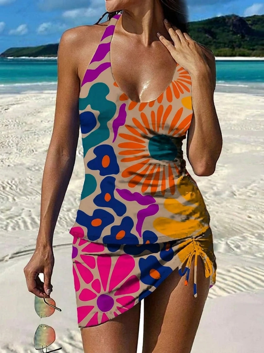 Maillot de bain fleuri graphique avec short et effet ventre plat Adriana, vue de face – Valloro Paris