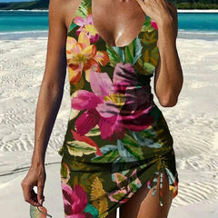 Maillot de bain fleuri graphique avec short et effet ventre plat Adriana, gros plan sur la coupe – Valloro Paris