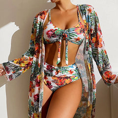 Bikini tropical avec détail noué et kimono assorti Lani, vue de face – Valloro Paris