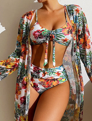 Bikini tropical avec détail noué et kimono assorti Lani, vue de face – Valloro Paris