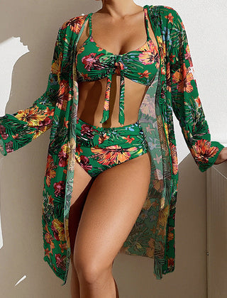 Bikini tropical avec détail noué et kimono assorti Lani, vue complète du modèle – Valloro Paris