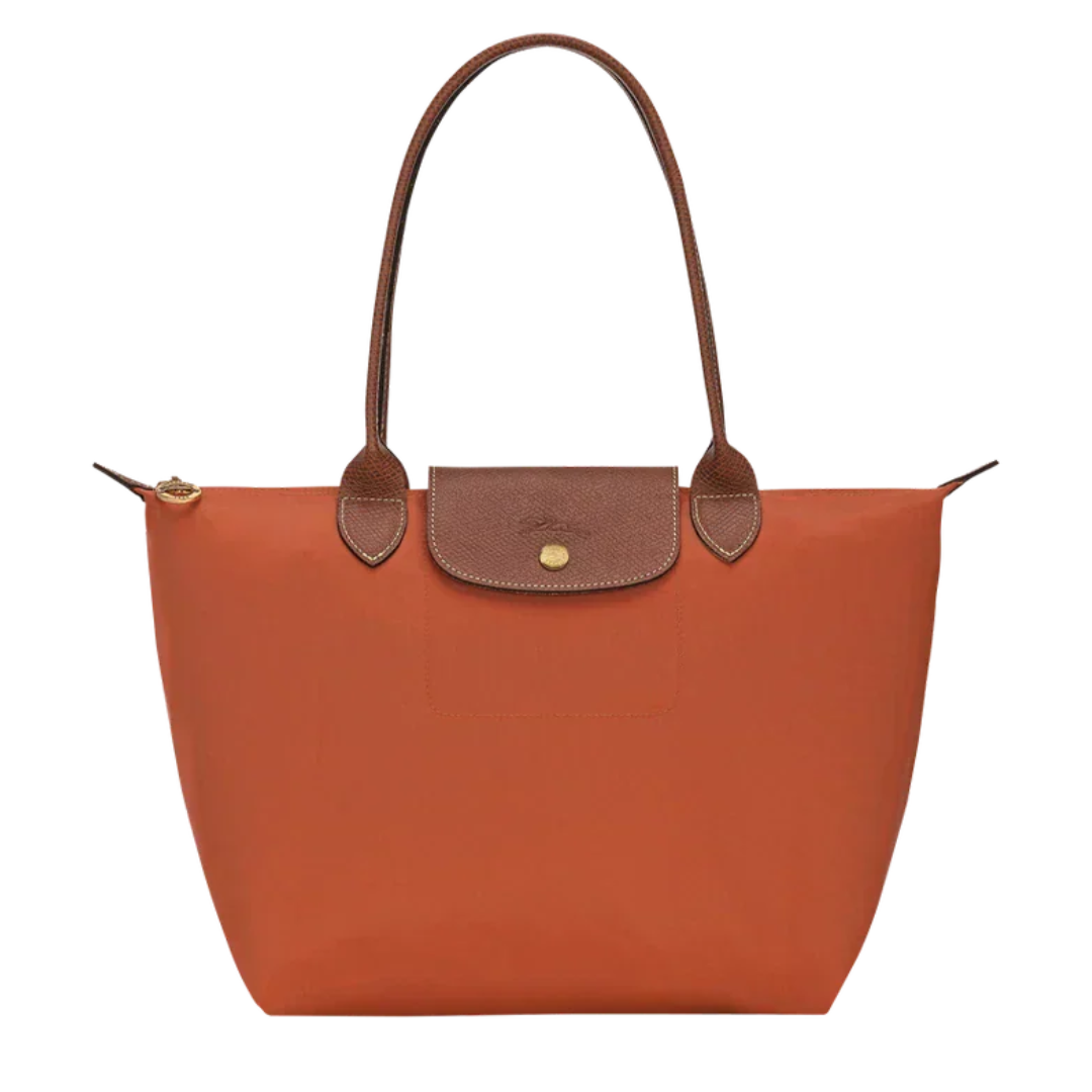 Cabas pliable en nylon à détails cuir Grand Sac Brique, vue de face – Valloro Paris