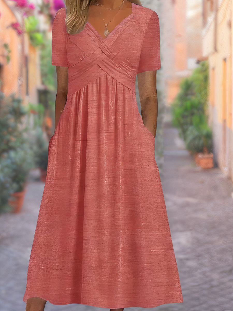 Robe maxi élégante avec détail croisé Selby, détail du tissu – Valloro Paris