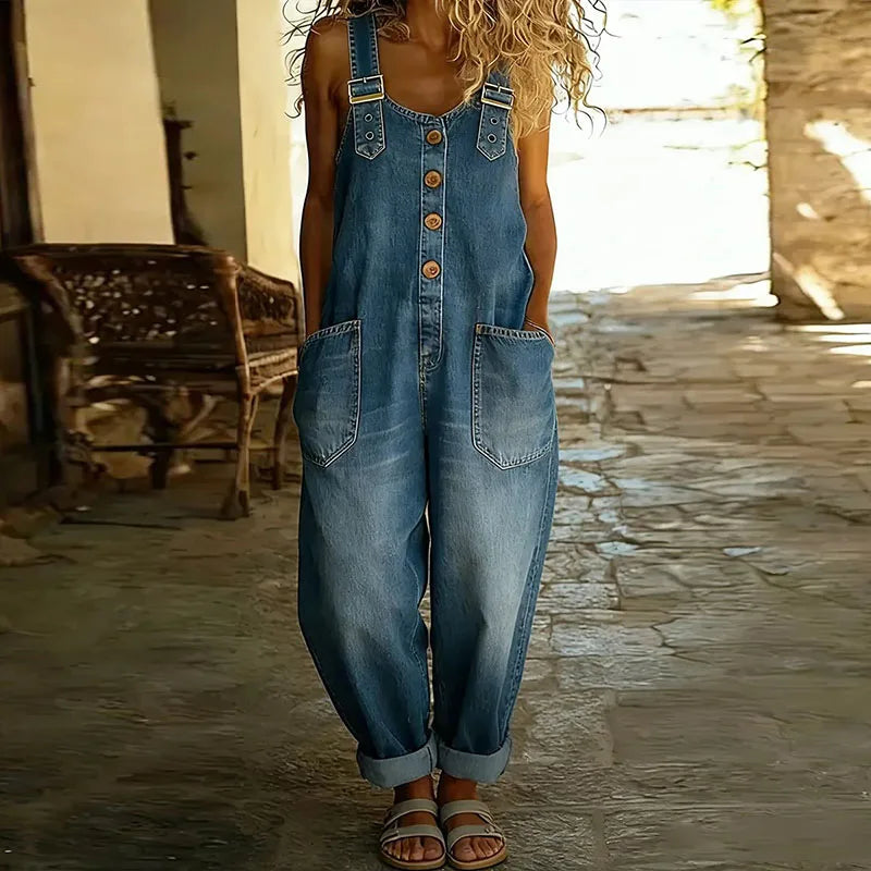 Mae | Combinaison vintage en denim de coton doux à bretelles réglables