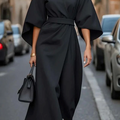 Robe élégante à manches lanterne et ceinture Grace, vue de face – Valloro Paris