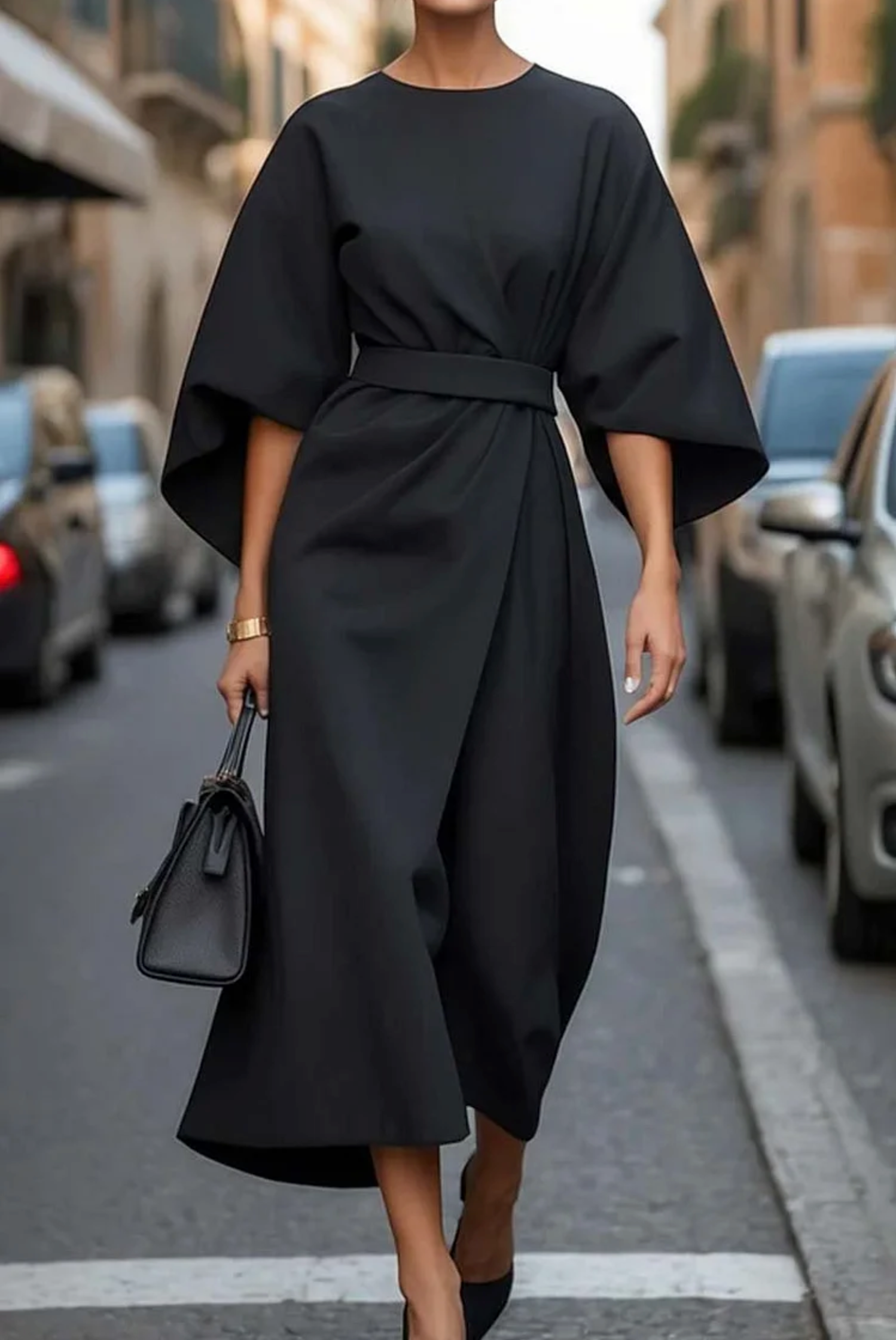 Robe élégante à manches lanterne et ceinture Grace, vue de face – Valloro Paris