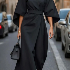 Robe élégante à manches lanterne et ceinture Grace, détail du tissu – Valloro Paris