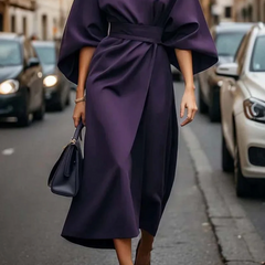 Robe élégante à manches lanterne et ceinture Grace, détail du motif – Valloro Paris