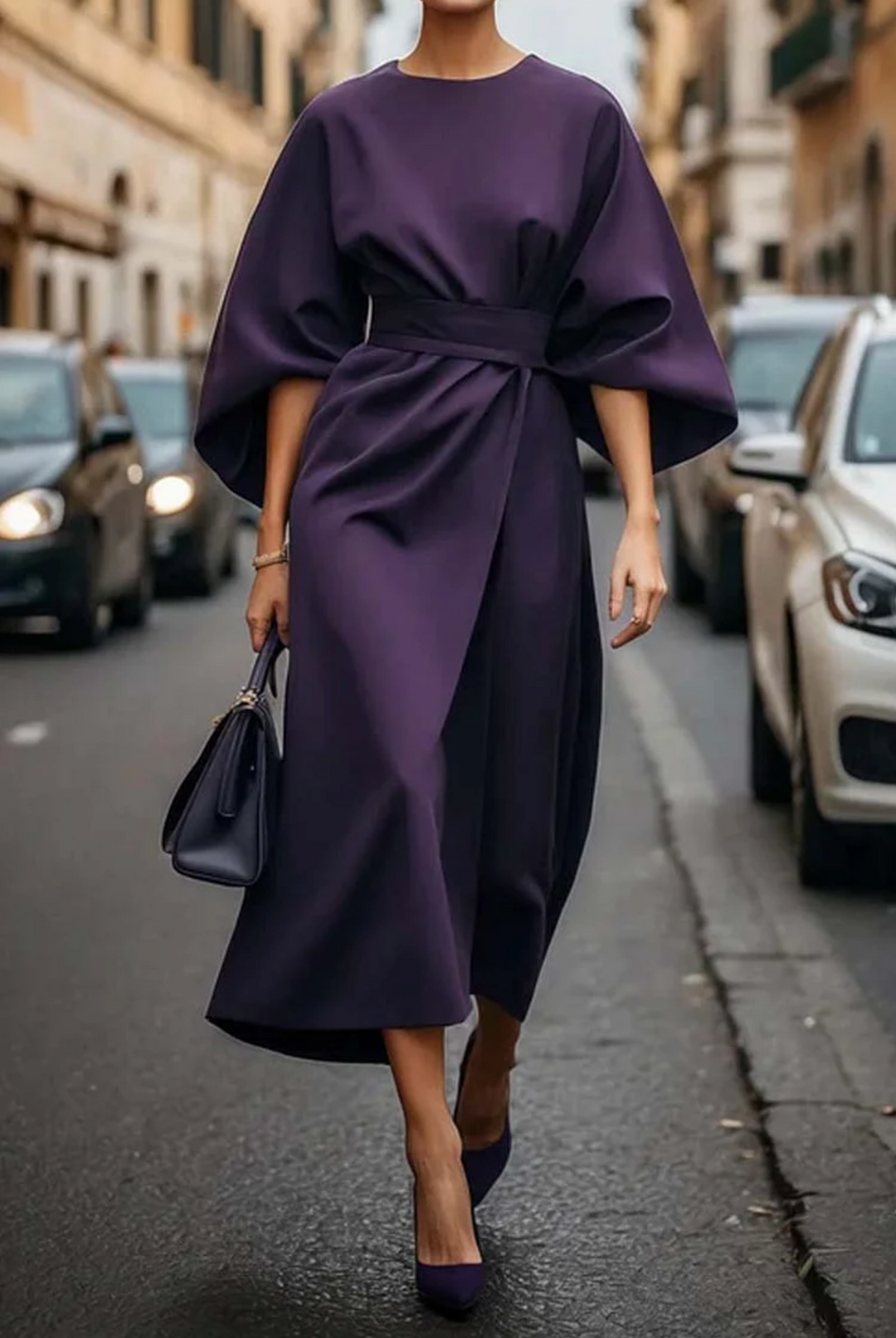 Robe élégante à manches lanterne et ceinture Grace, détail du motif – Valloro Paris