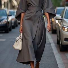 Robe élégante à manches lanterne et ceinture Grace, vue de profil – Valloro Paris