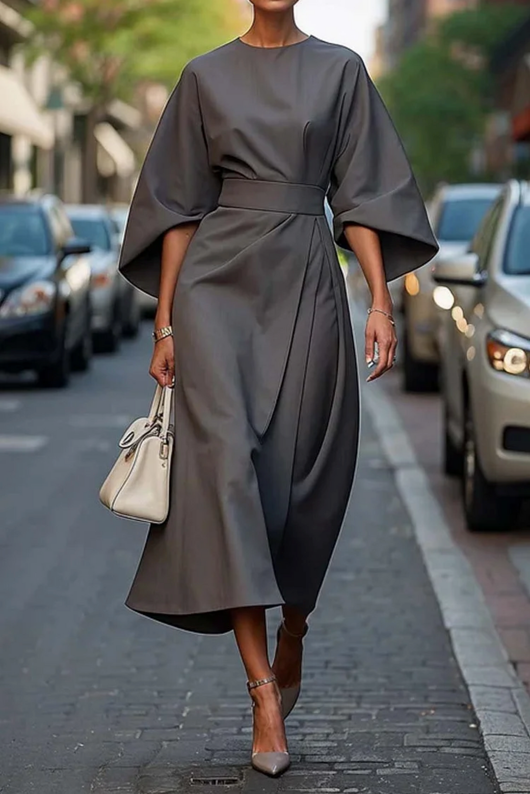 Robe élégante à manches lanterne et ceinture Grace, vue de profil – Valloro Paris