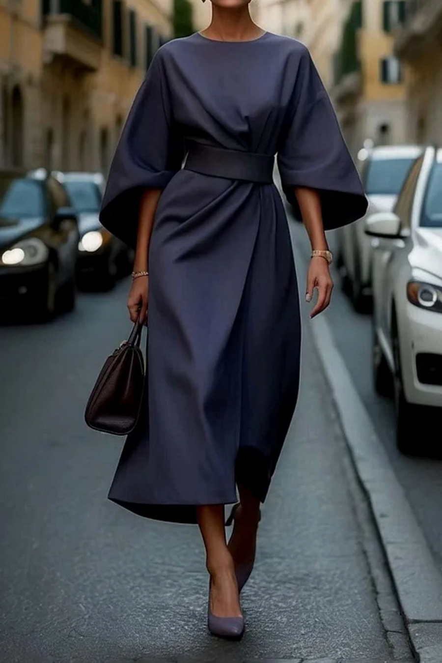 Robe élégante à manches lanterne et ceinture Grace, vue de dos – Valloro Paris