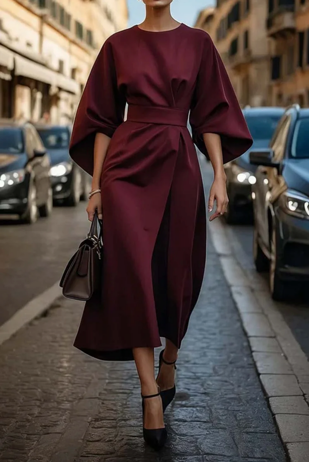 Robe élégante à manches lanterne et ceinture Grace, gros plan sur la coupe – Valloro Paris