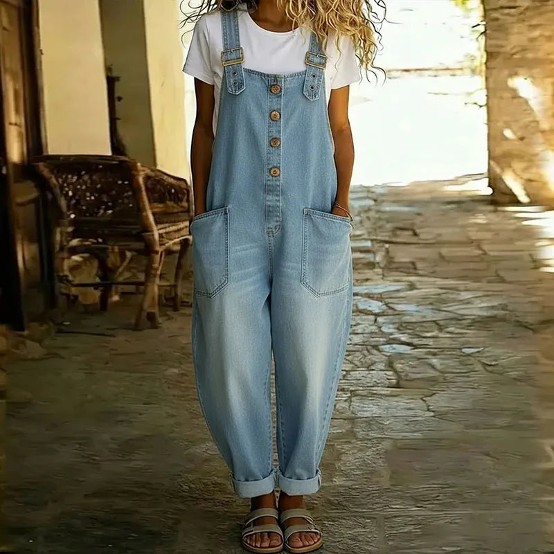 Mae | Combinaison vintage en denim de coton doux à bretelles réglables