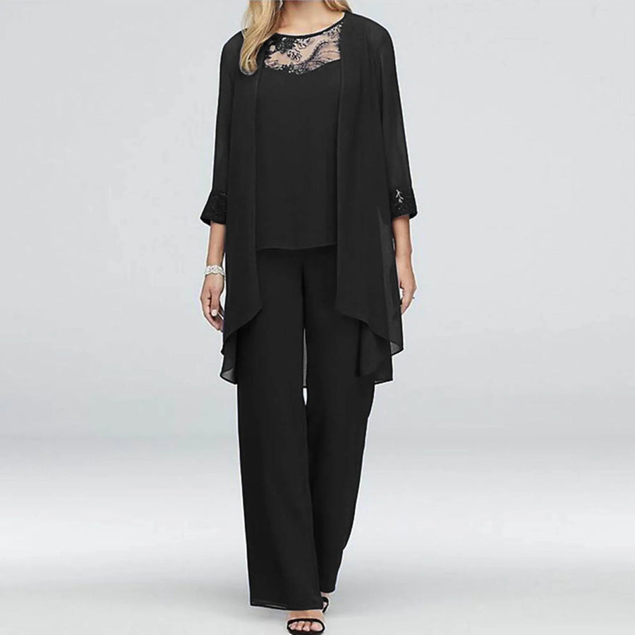 Ensemble gala trois pièces en mousseline Isabella, vue de face – Valloro Paris
