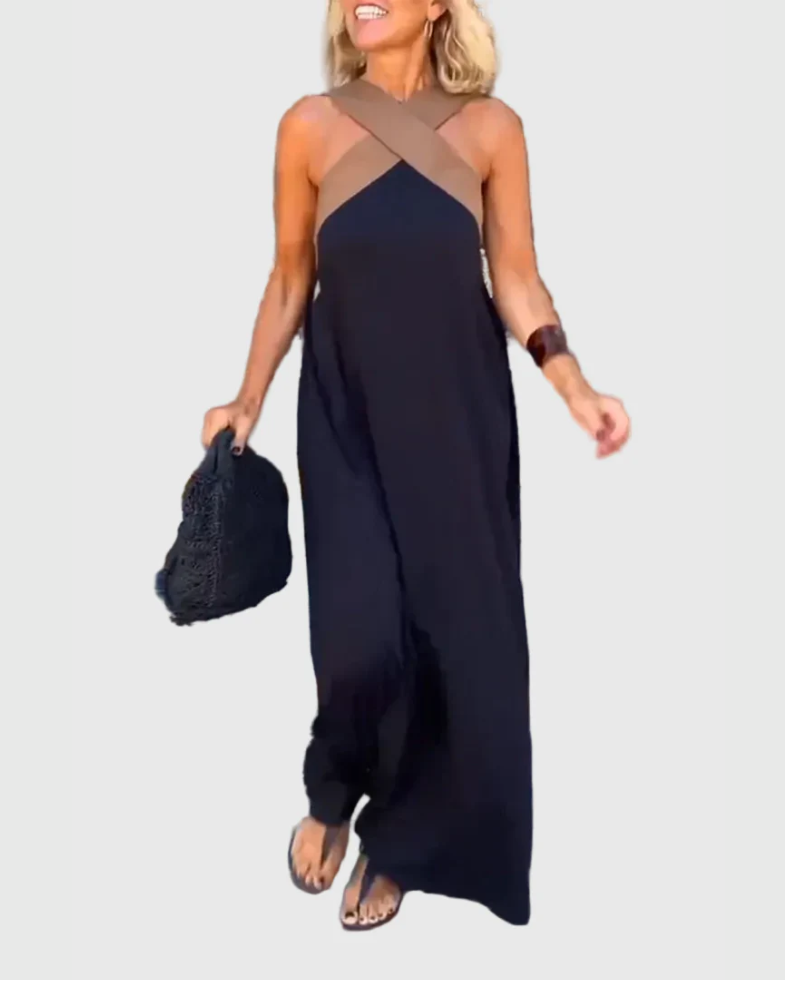 Robe maxi fluide et élégante Elena, vue de face – Valloro Paris