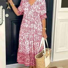 Robe bohème à col en V Arias, détail du tissu – Valloro Paris