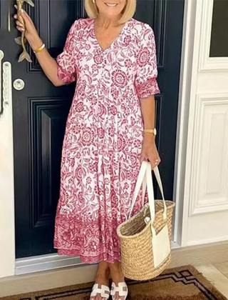 Robe bohème à col en V Arias, détail du tissu – Valloro Paris