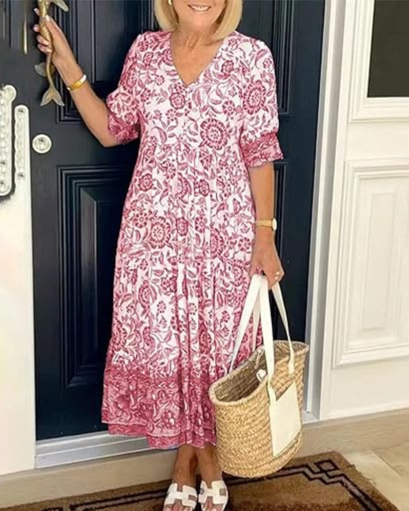 Robe bohème à col en V Arias, détail du tissu – Valloro Paris