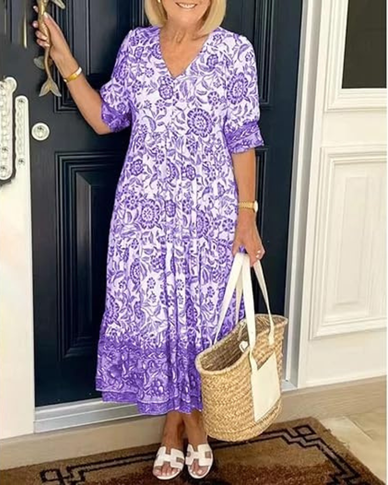 Robe bohème à col en V Arias, vue de profil – Valloro Paris
