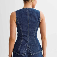 Ensemble denim deux pièces structuré Luna, gros plan sur la coupe – Valloro Paris