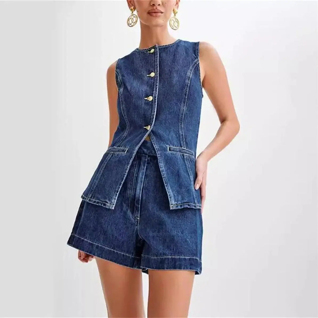 Ensemble denim deux pièces structuré Luna, détail du motif – Valloro Paris