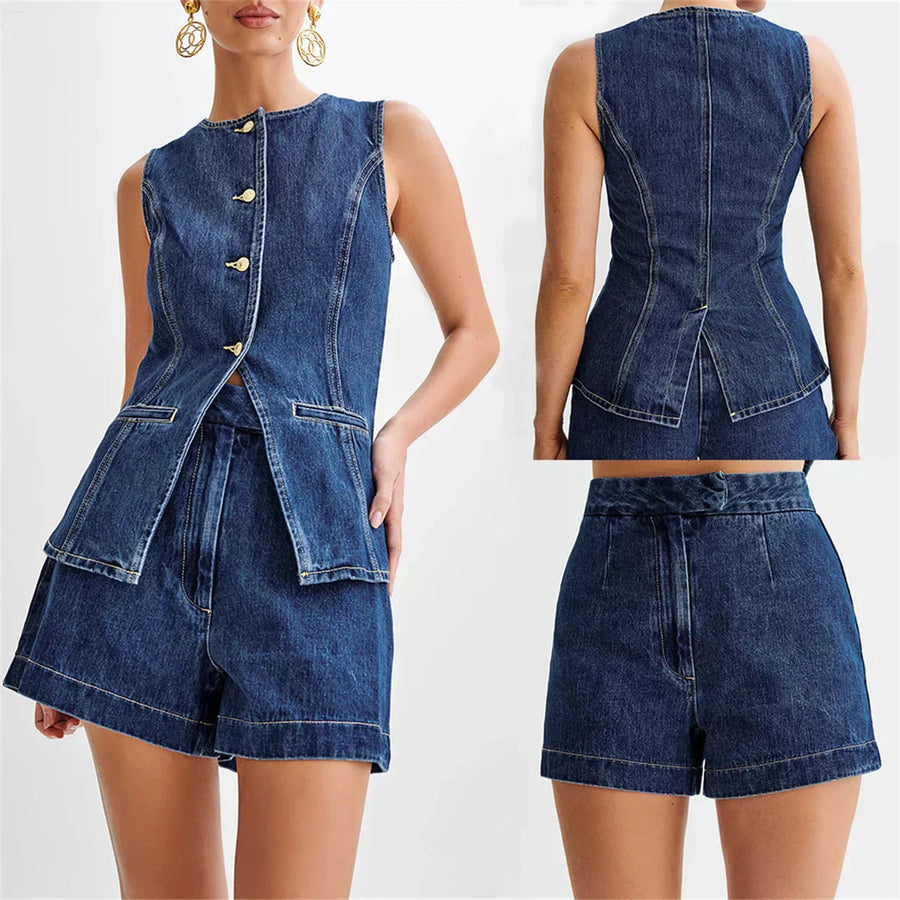 Ensemble denim deux pièces structuré Luna, vue de dos – Valloro Paris