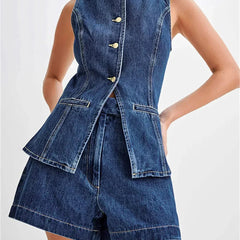 Ensemble denim deux pièces structuré Luna, vue de face – Valloro Paris