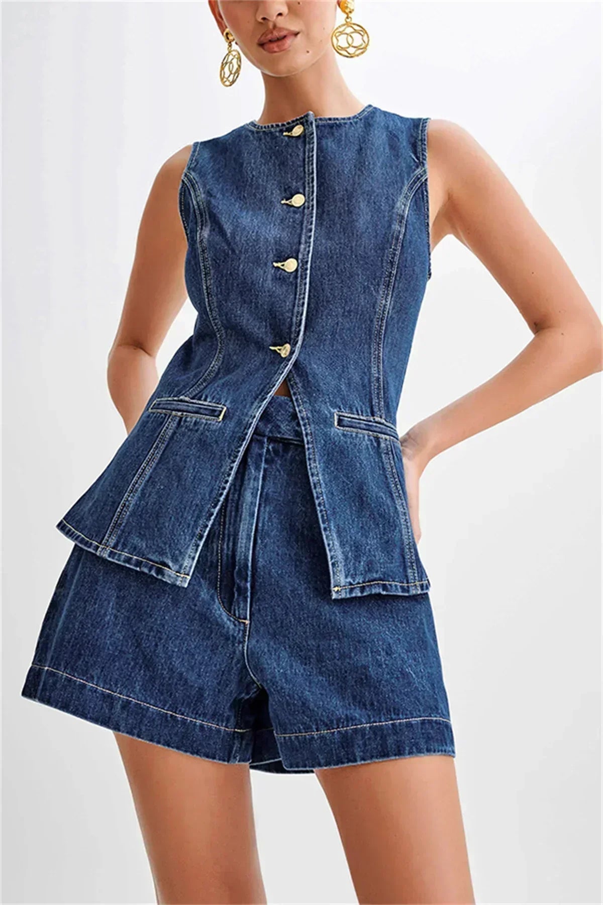 Ensemble denim deux pièces structuré Luna, vue de face – Valloro Paris