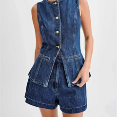 Ensemble denim deux pièces structuré Luna, vue de profil – Valloro Paris