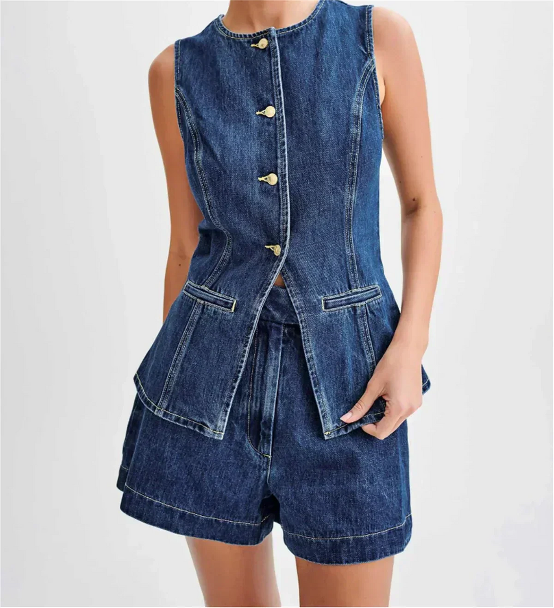 Ensemble denim deux pièces structuré Luna, vue de profil – Valloro Paris