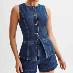 Ensemble denim deux pièces structuré Luna, détail du tissu – Valloro Paris