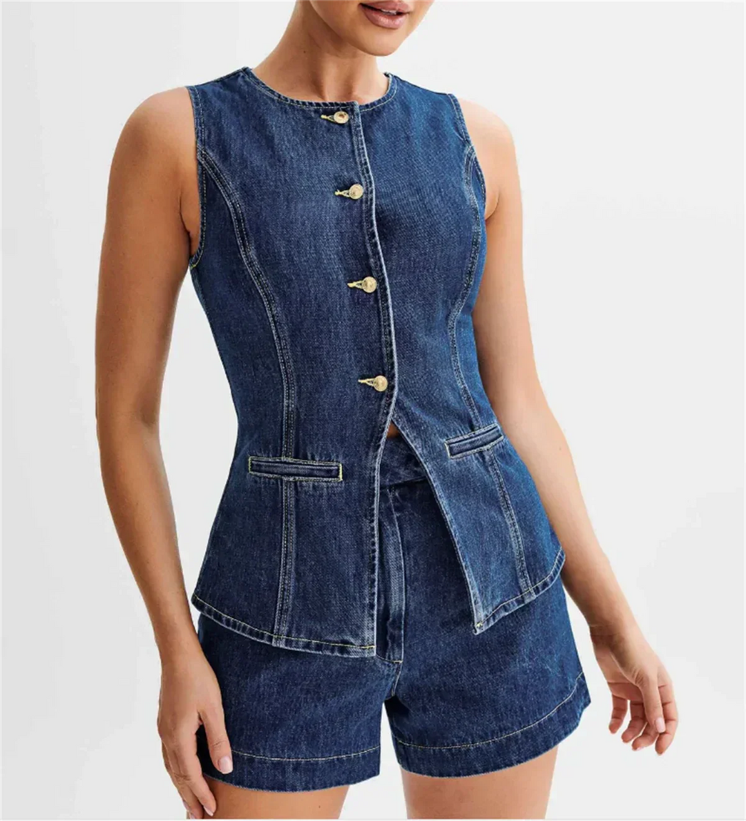 Ensemble denim deux pièces structuré Luna, détail du tissu – Valloro Paris
