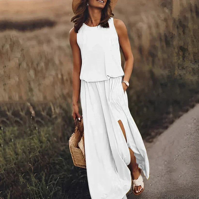 Robe sans manches élégante effet lin Ivy, vue de profil – Valloro Paris