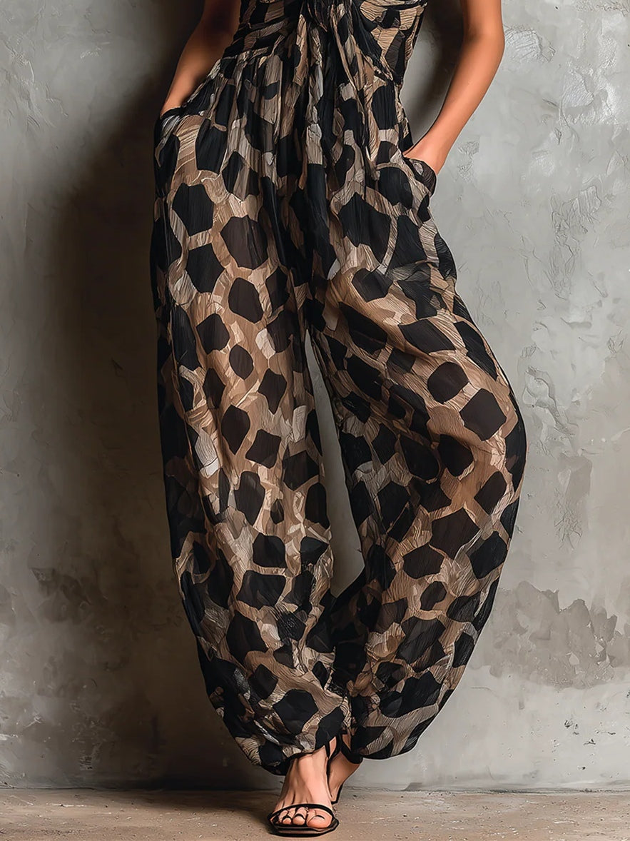 Combinaison ample en mousseline à encolure dos nu, imprimé animalier noir et jambes larges