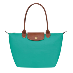 Cabas pliable en nylon à détails cuir Grand Sac Turquoise, vue de face – Valloro Paris