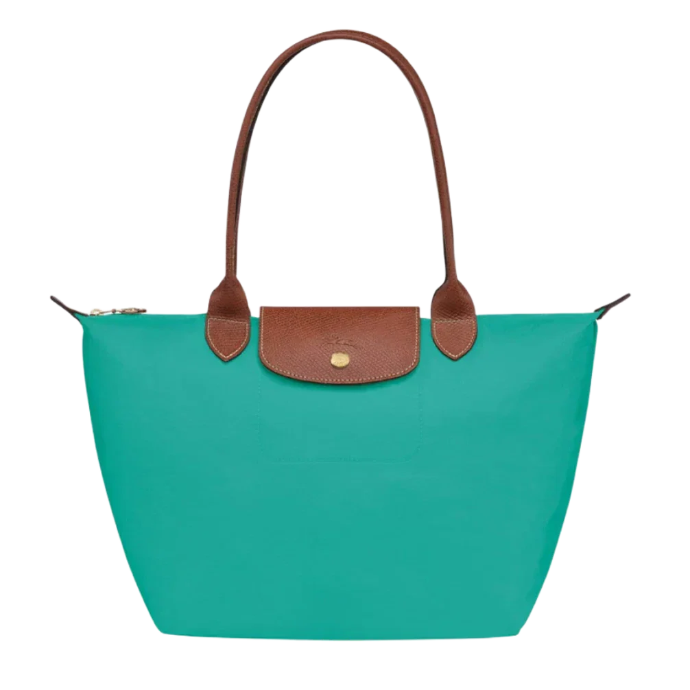 Cabas pliable en nylon à détails cuir Grand Sac Turquoise, vue de face – Valloro Paris